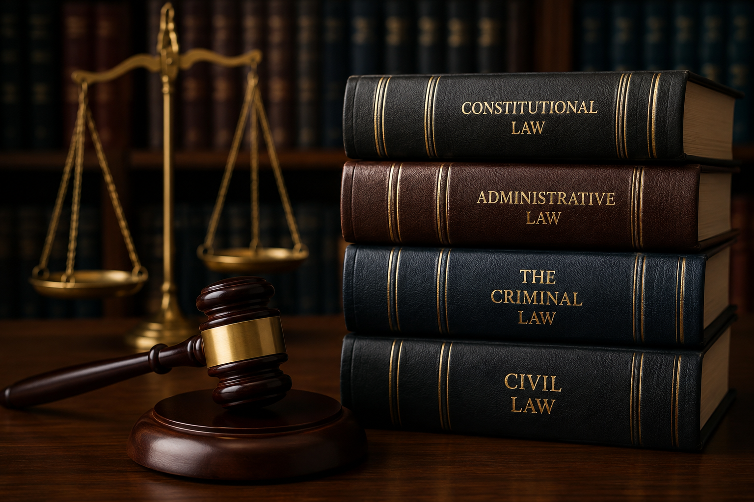 A photograph of law books, a scale of justice and judge's gavel